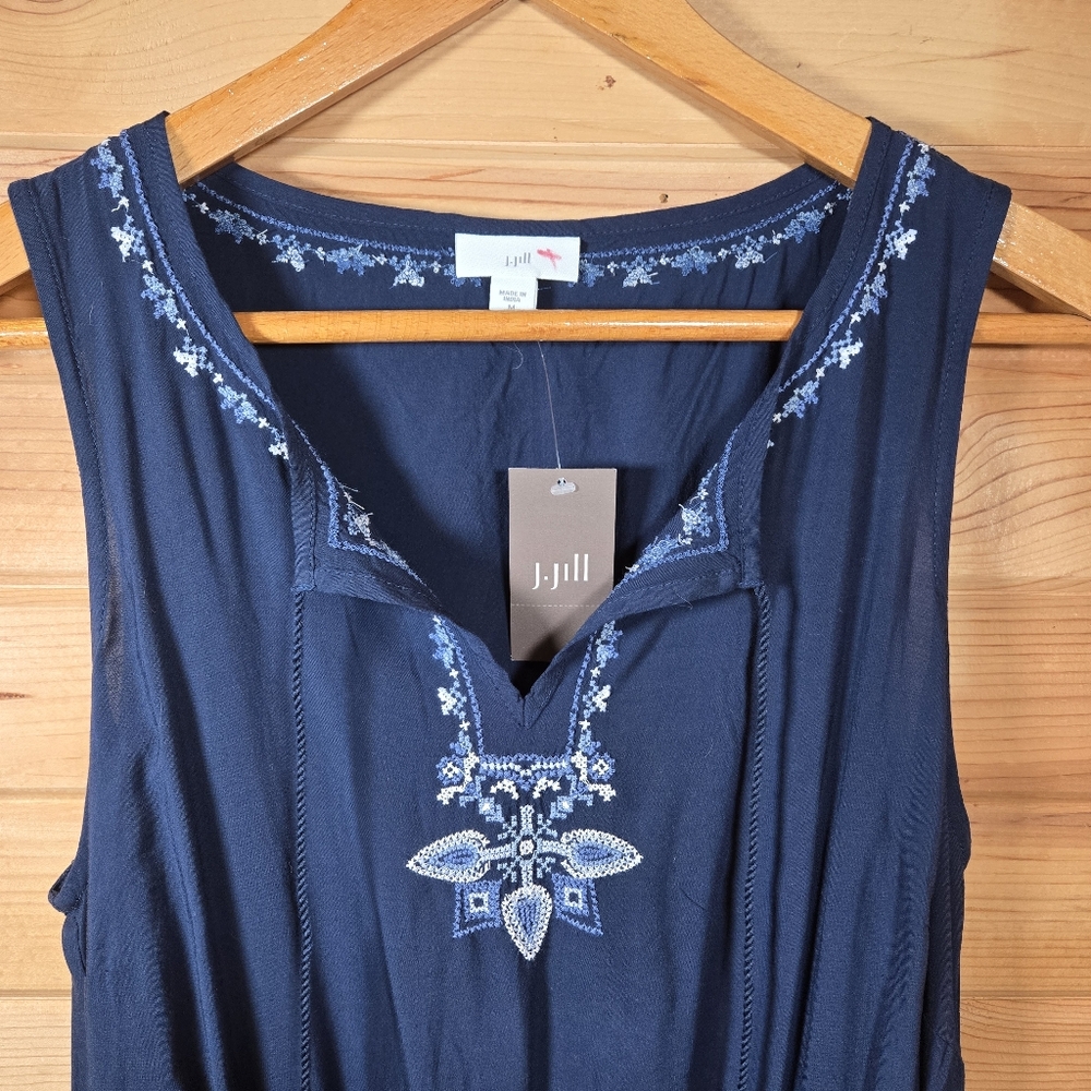 NWT J. Jill Sleeveless Midi Dress Blue Womens Medium Petite Embroidered Boho